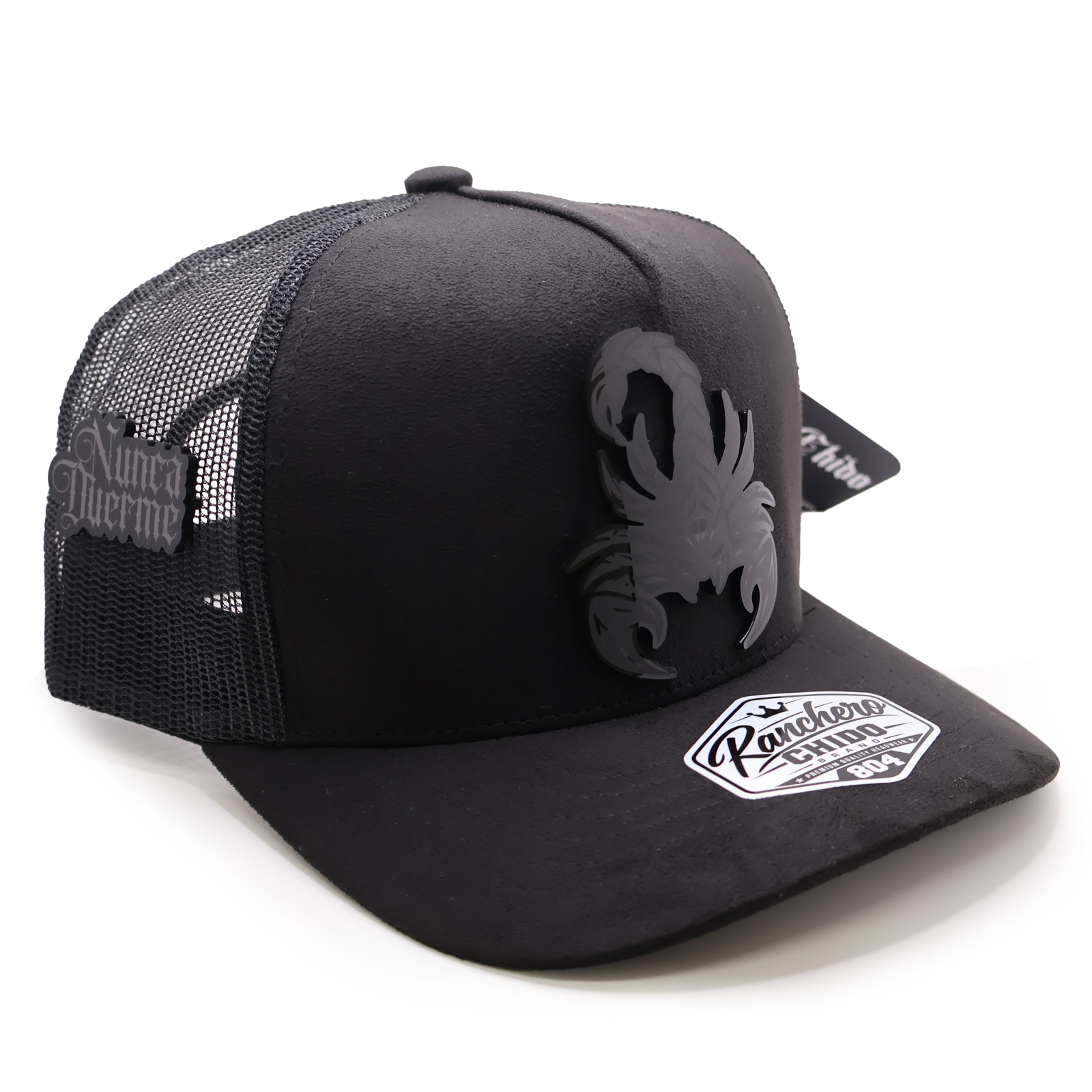 Alacrán Nunca Duerme Acrylic Sueded Trucker Hat – Mesh Snapback with Pin