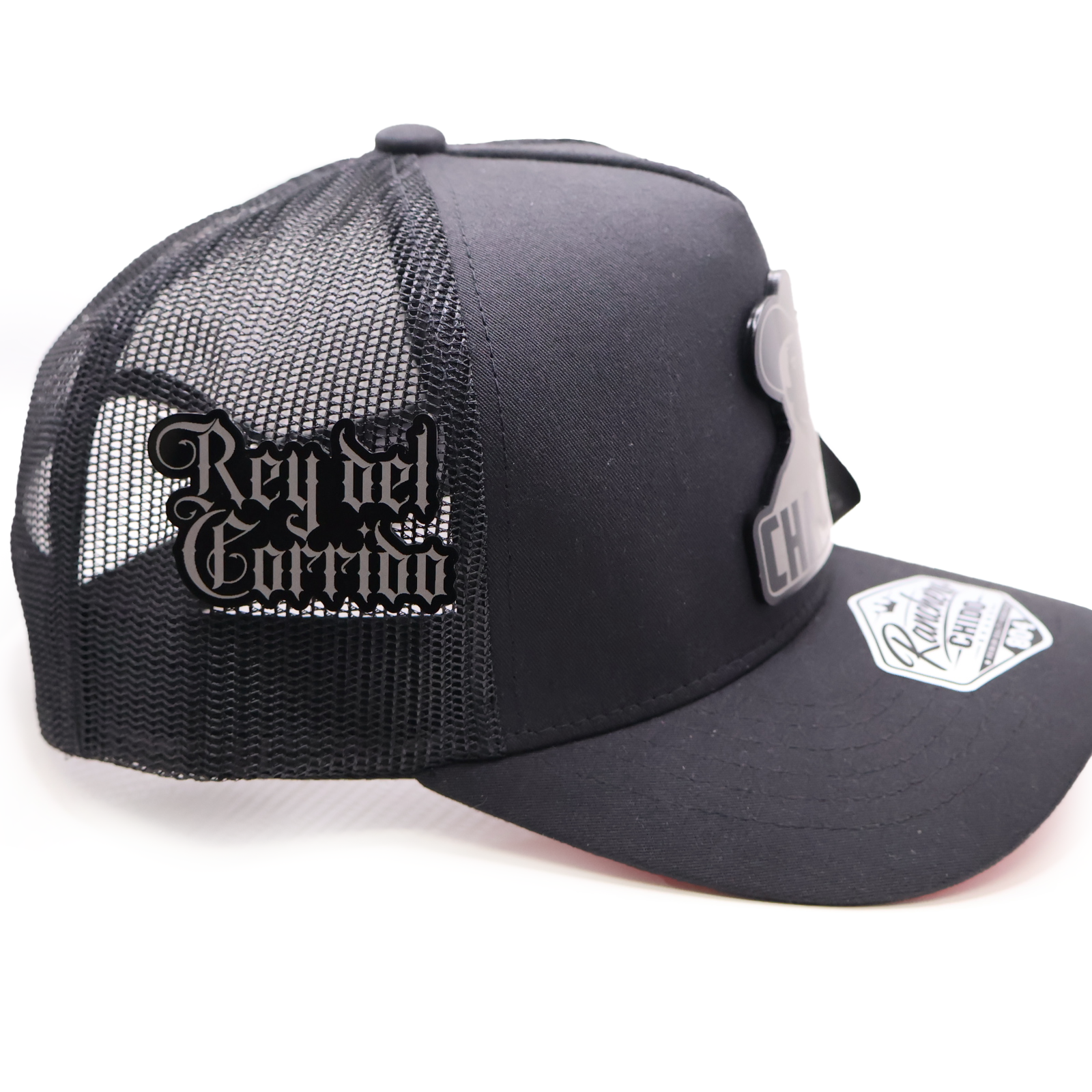 Chalino Acrylic Badge Mesh Trucker Hat – Red Undertone with Rey del Corrido Pin - Image 4